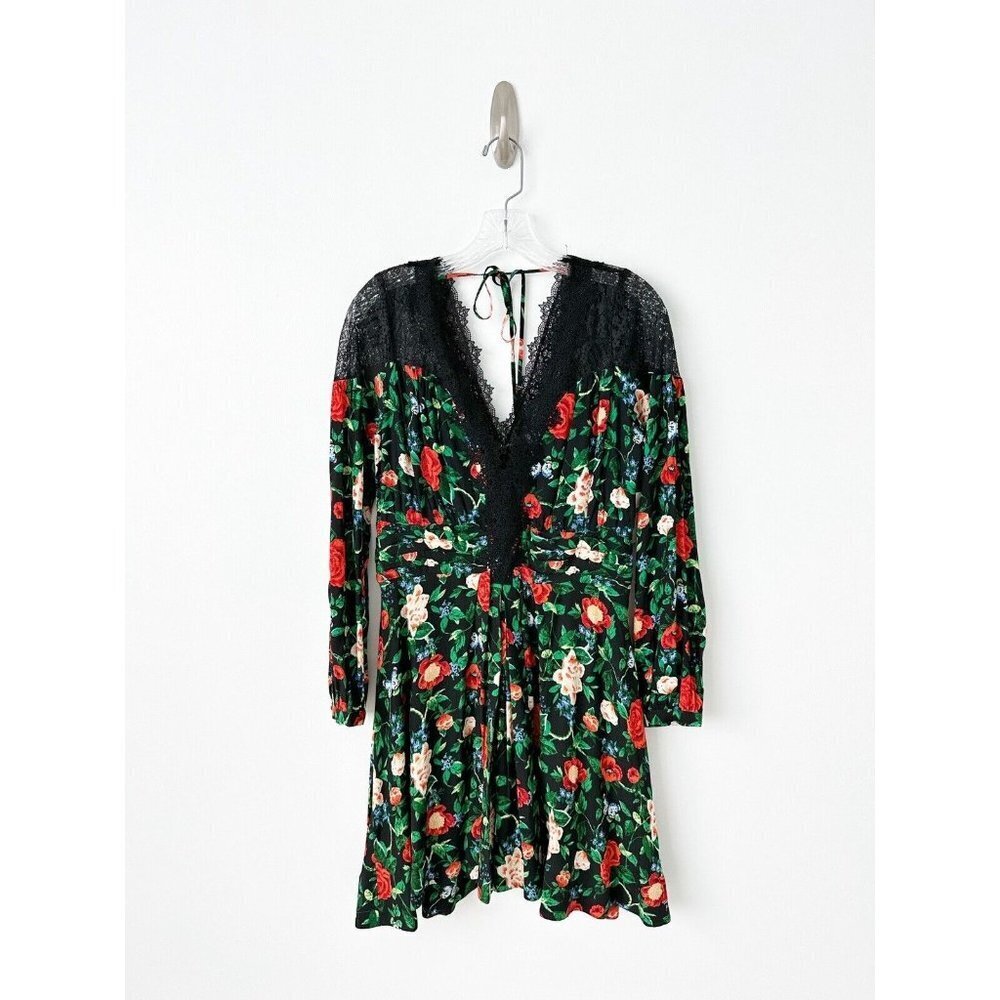 NWT Anthropologie Lacy V-Neck Mini Dress 2 Black Floral Long Sleeve Fit & Flare - Picture 6 of 12